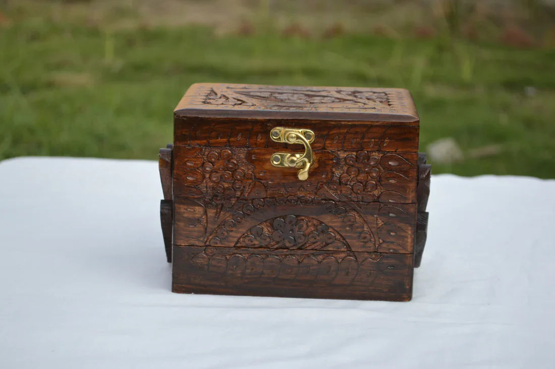 Beautiful Carved Jewelry Box With 3 Portions