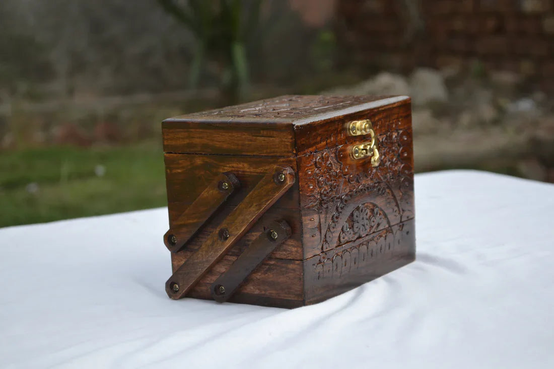 Beautiful Carved Jewelry Box With 3 Portions