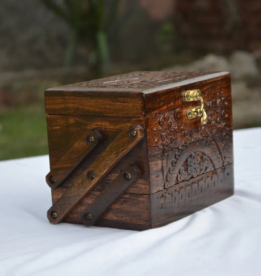 Beautiful Carved Jewelry Box With 3 Portions